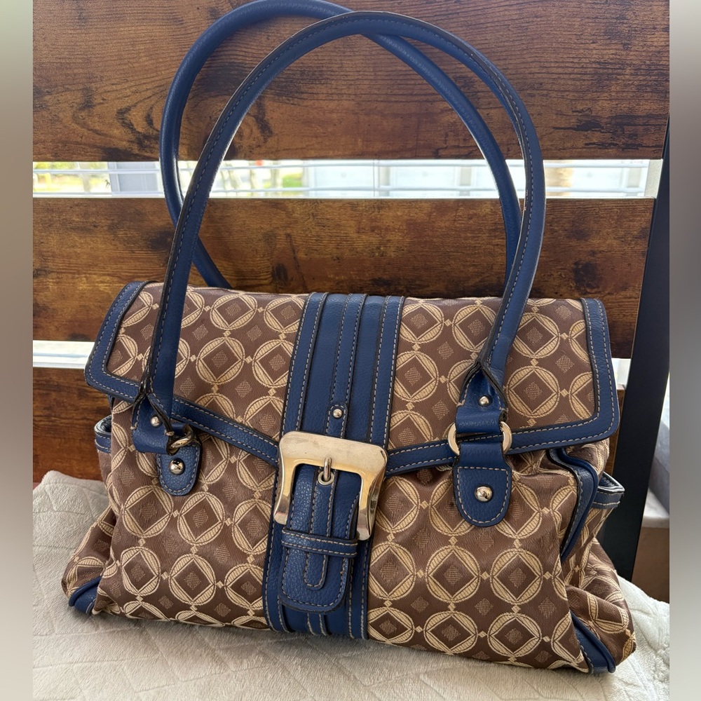 Worthington Geometric Blue & tan  Faux Leather Trim Shoulder Bag.